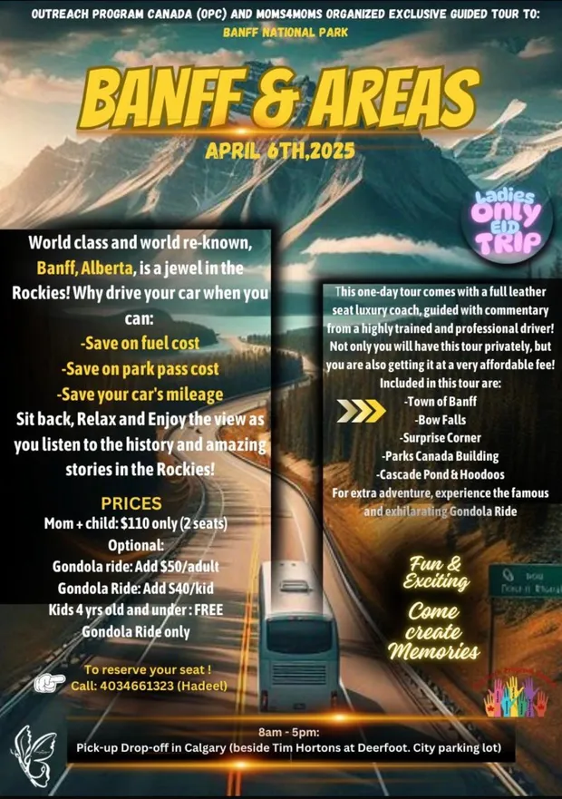 Poster for a ladies-only guided coach trip to Banff National Park on 6 April 2025, organised with Outreach Program Canada.
