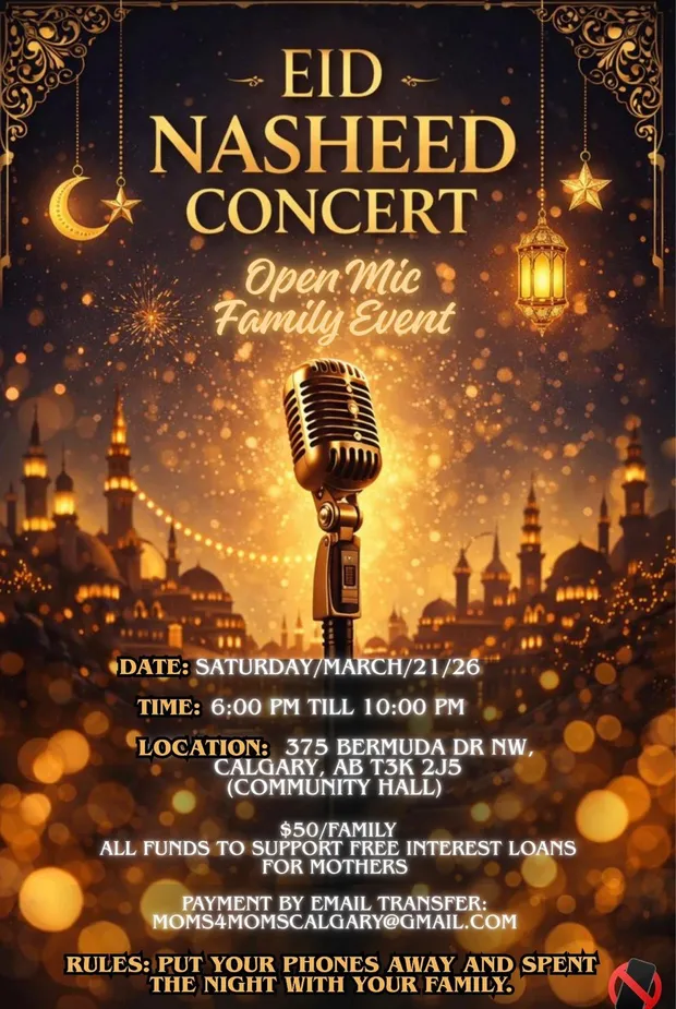 Poster for an Eid Nasheed Concert and open mic family event on 21 March 2026, with all funds supporting interest-free loans for mothers.