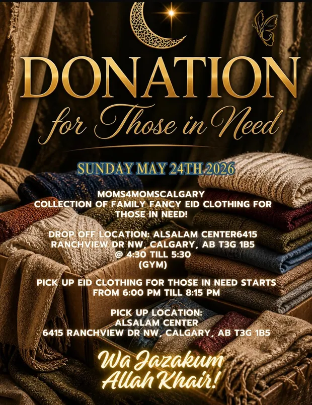 Poster for an Eid clothing collection on 24 May 2026 at the AlSalam Center, with drop-off from 4:30pm and pick-up from 6pm.