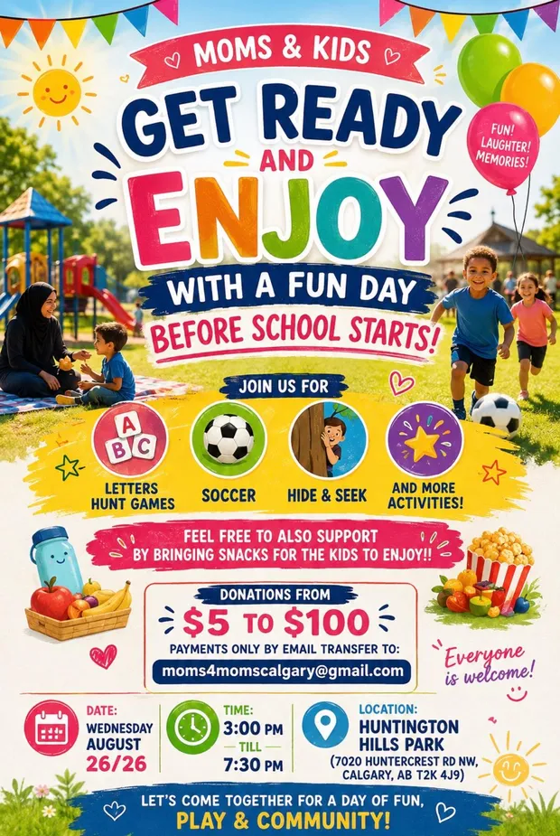 Poster for a Moms and Kids fun day on 26 August 2026 at Huntington Hills Park, with a letters hunt, soccer and hide and seek before school starts.